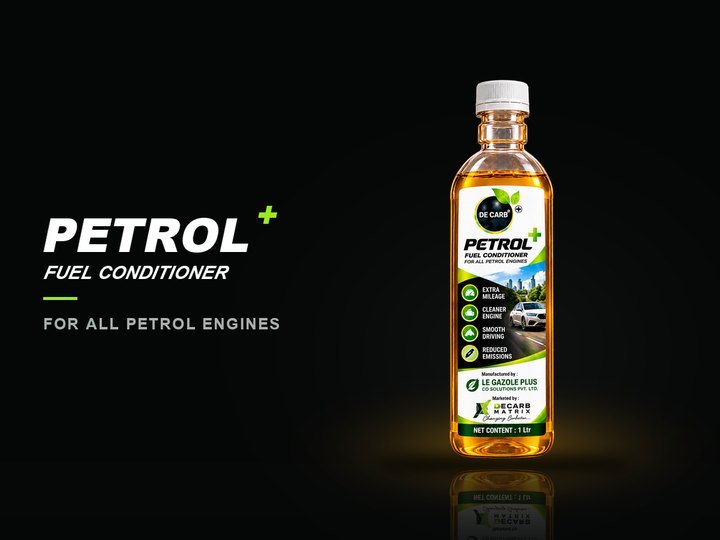 DeCarb Petrol Plus fuel conditioner, available in 50 mL – 1 L · 5 L · 10 L packs