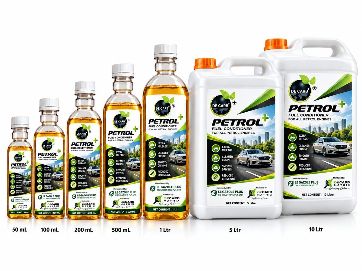 DeCarb Petrol Plus packs: 50 mL – 1 L · 5 L · 10 L