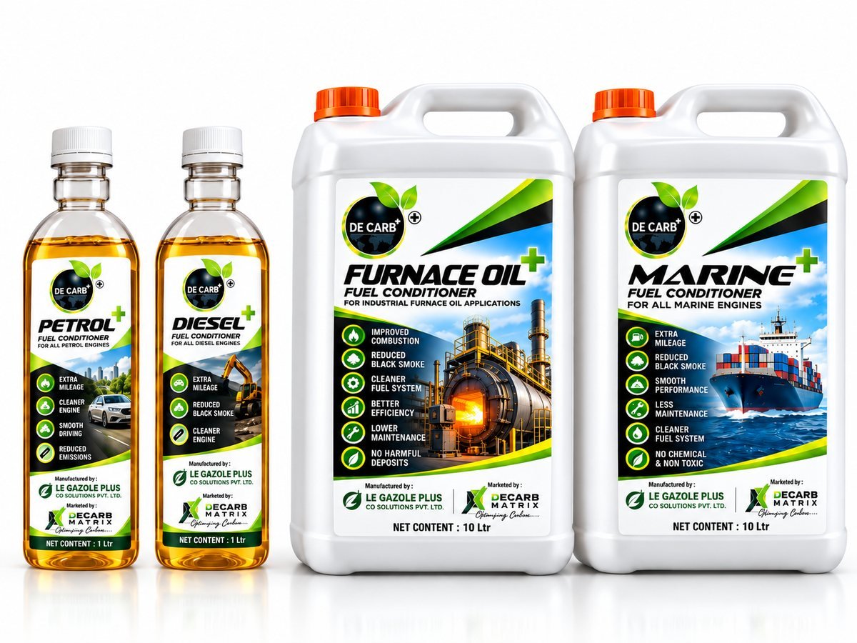 The DeCarb range: Petrol Plus and Diesel Plus bottles with Furnace Oil Plus and Marine Plus cans